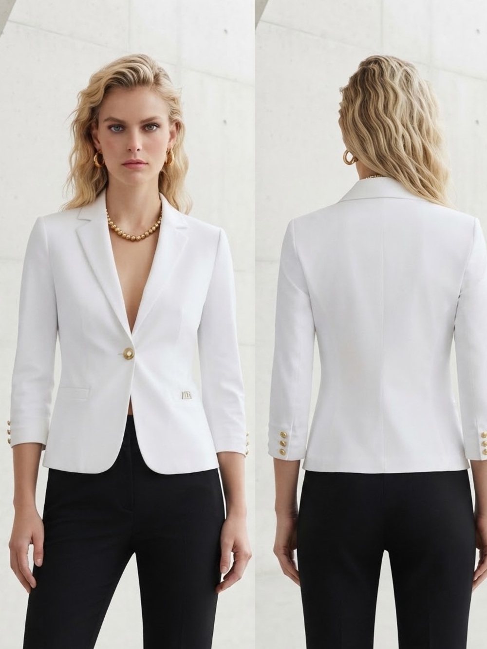 NWT WOMEN 3/4 SLEEVES BLAZER WHITE ELEGANT JACKET LINED GOLD-TONE HARDWARE